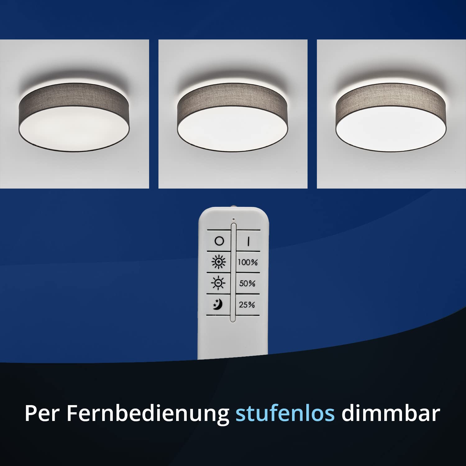 KHG LED-Deckenleuchte, dimmbar, Stoffschirm in grau, 1-flammig, Samt, FSC | Farbtemperatur 3.000 K, 2.080 lm Lichtleistung, 30 W Gesamtleistung, ideal für Wohnzimmer, Schlafzimmer, Küche und Büro