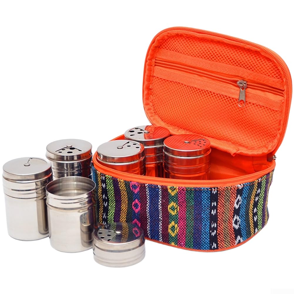 Elchuiaby Sturdy 201 Stainless Steel Camping Spice Kit with 6 Individual Bottles and Functional Polyester Bag for Extended Trips