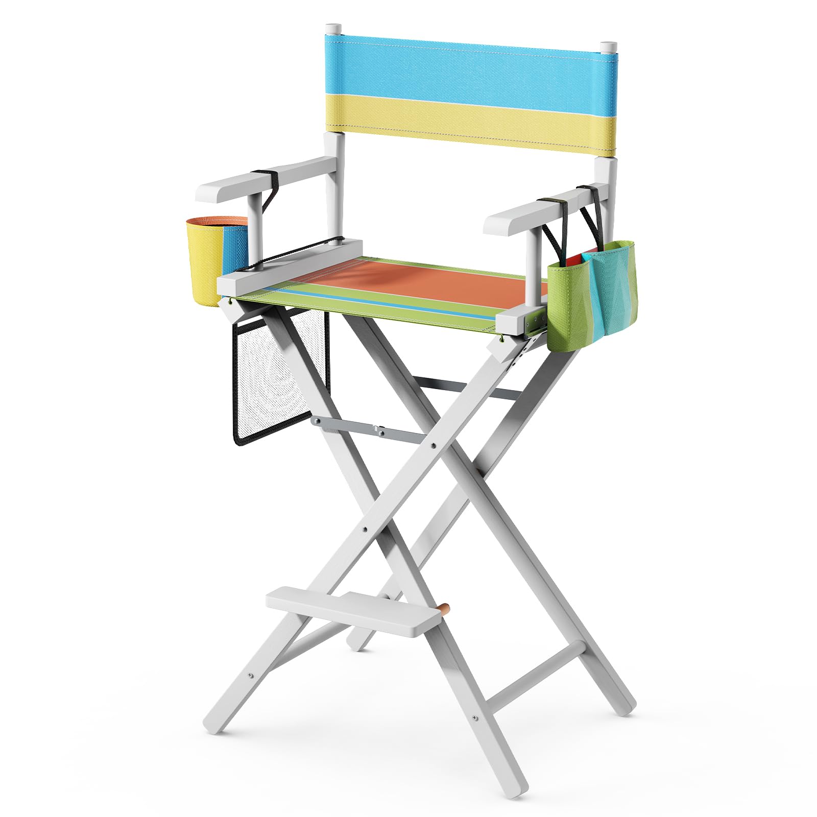 Bonnlo 31 inch Make Up Chair Professional for Makeup Artist 78cm Hight, Directors Chairs Folding, with Portable Storage Side Bags & Footrest, Solid Hardwood & Polyester, Beige, White Frame