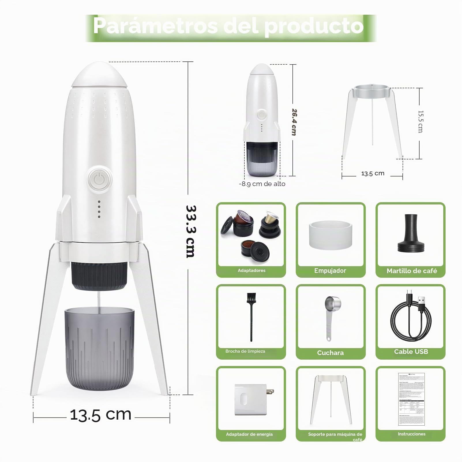 Cafetera expreso portátil 3 en 1 para llevar, cafetera expreso eléctrica autocalentable, mini cafetera para viajes, camping/senderismo, para café molido y cápsulas NS/DG, color blanco
