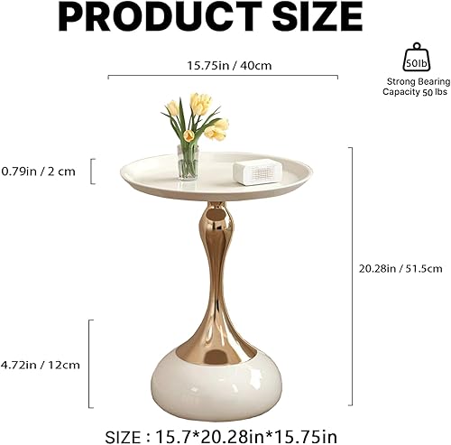 Miniatura 2 de Mesa auxiliar redonda moderna con base de pedestal dorada, parte superior de metal negro, mesa auxiliar decorativa para sala de estar (blanco)