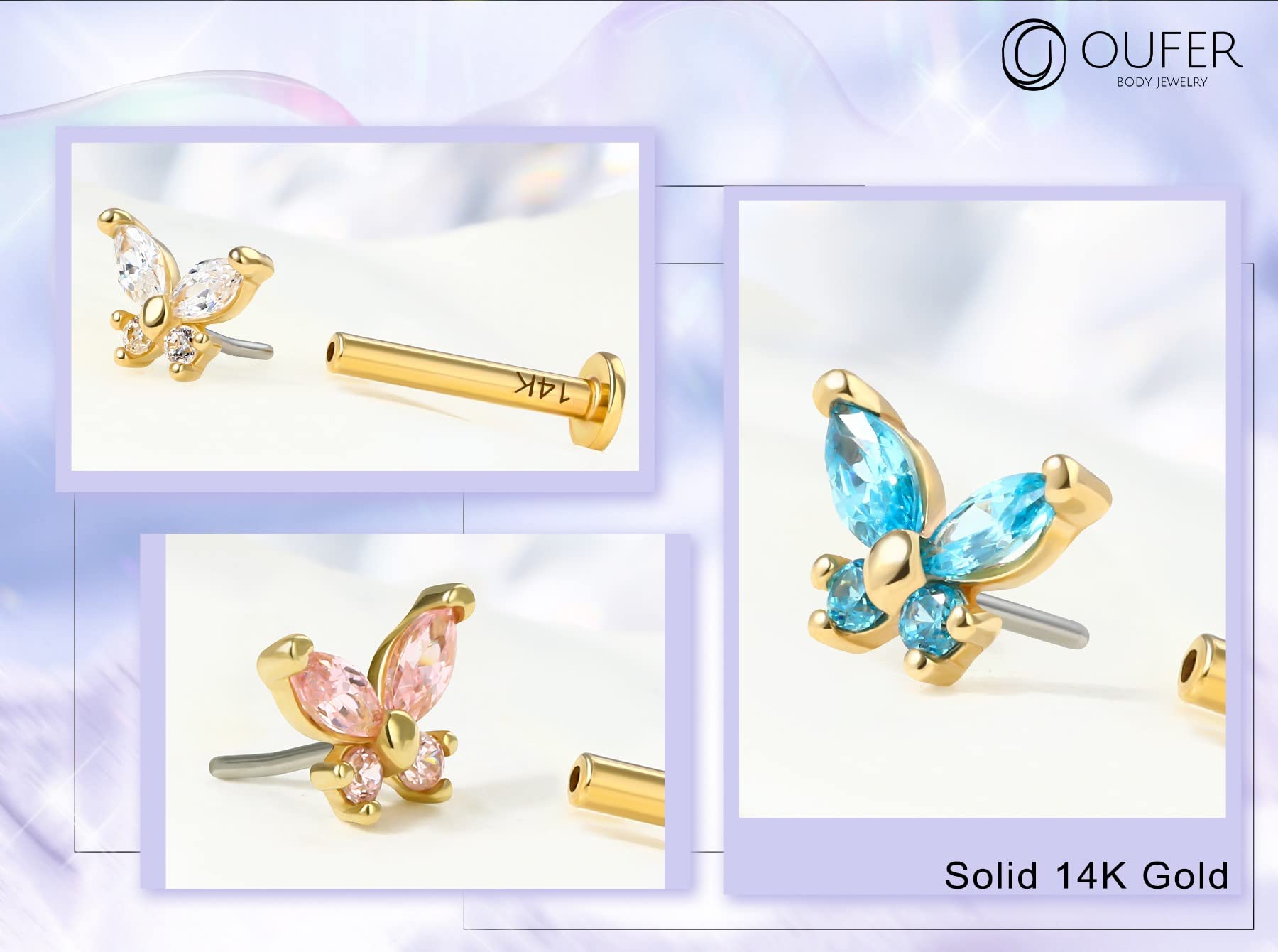 OUFER Body Piercing Piercing para labio de oro macizo de 14 quilates, 16 g, sin rosca, para labio, hélice, tragus, cartílago, oreja, lóbulo de oreja