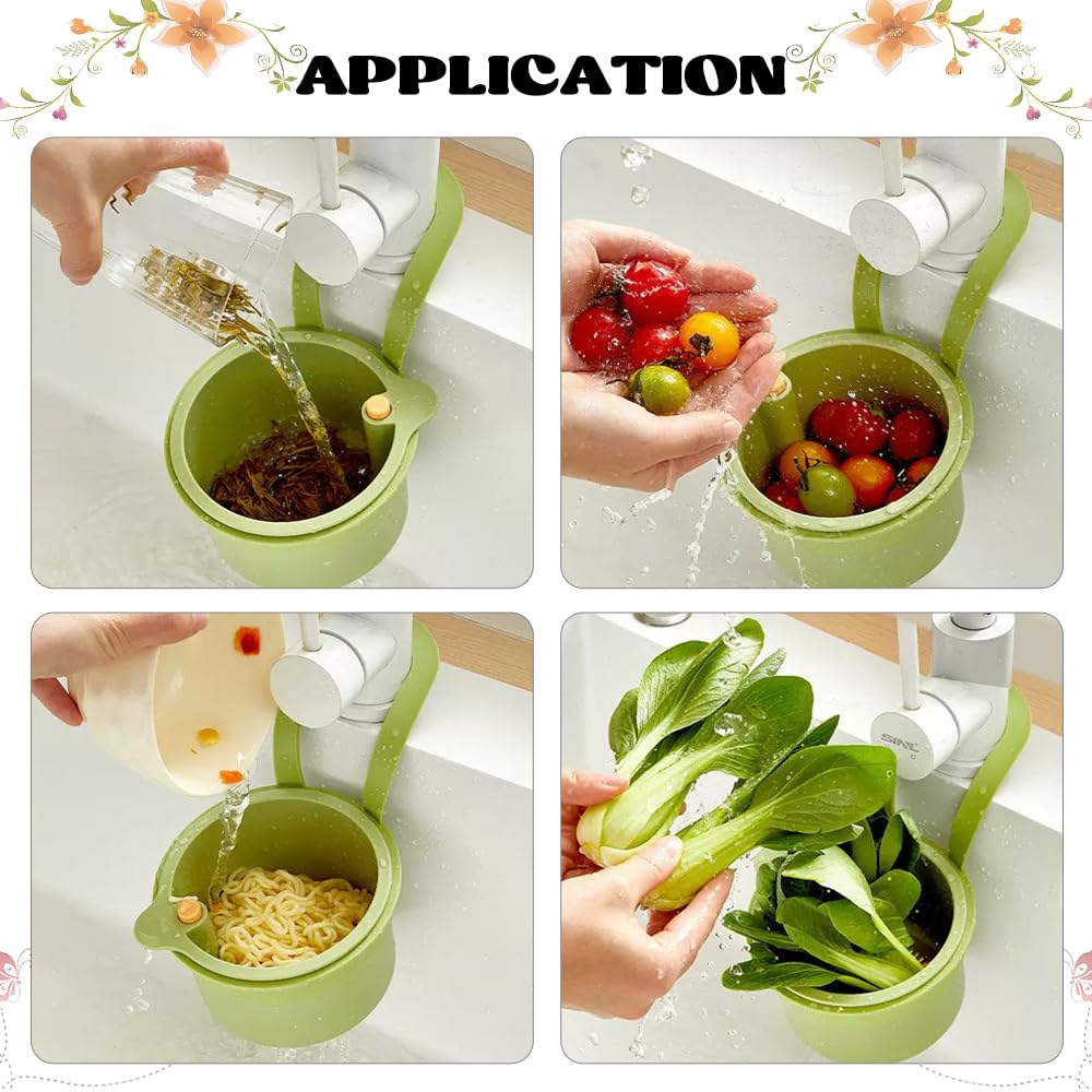 Cestino di scarico per lavello da Appendere, Cestello Filtro per Lavello Cucina, Cestino filtro rimovibile per lavare e scolare, Colino in Plastica Rubinetto con Pulsante a Scatto (Verde)