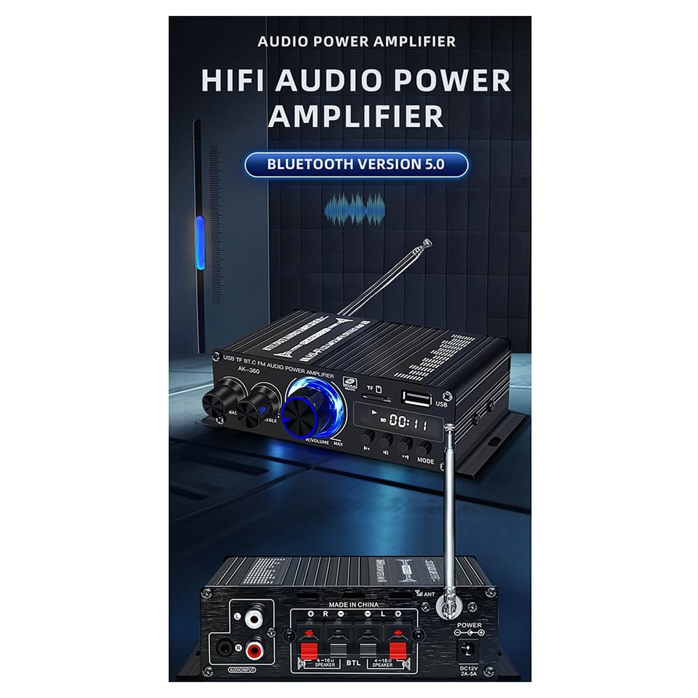 Amplificador Estéreo AK360 para el Hogar y el Coche, Amplificador de Radio con Reproducción Sin Pérdidas USB, Amplificador de Sonido HiFi Bluetooth 5,0