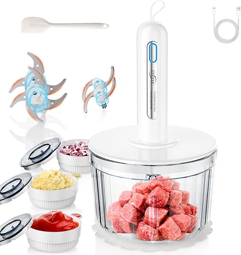 Procesador de alimentos de vidrio con 4 cuchillas y 4 cuencos (8 tazas + 3 x 0.5 tazas), procesador de alimentos pequeño y picador de carne, diseño