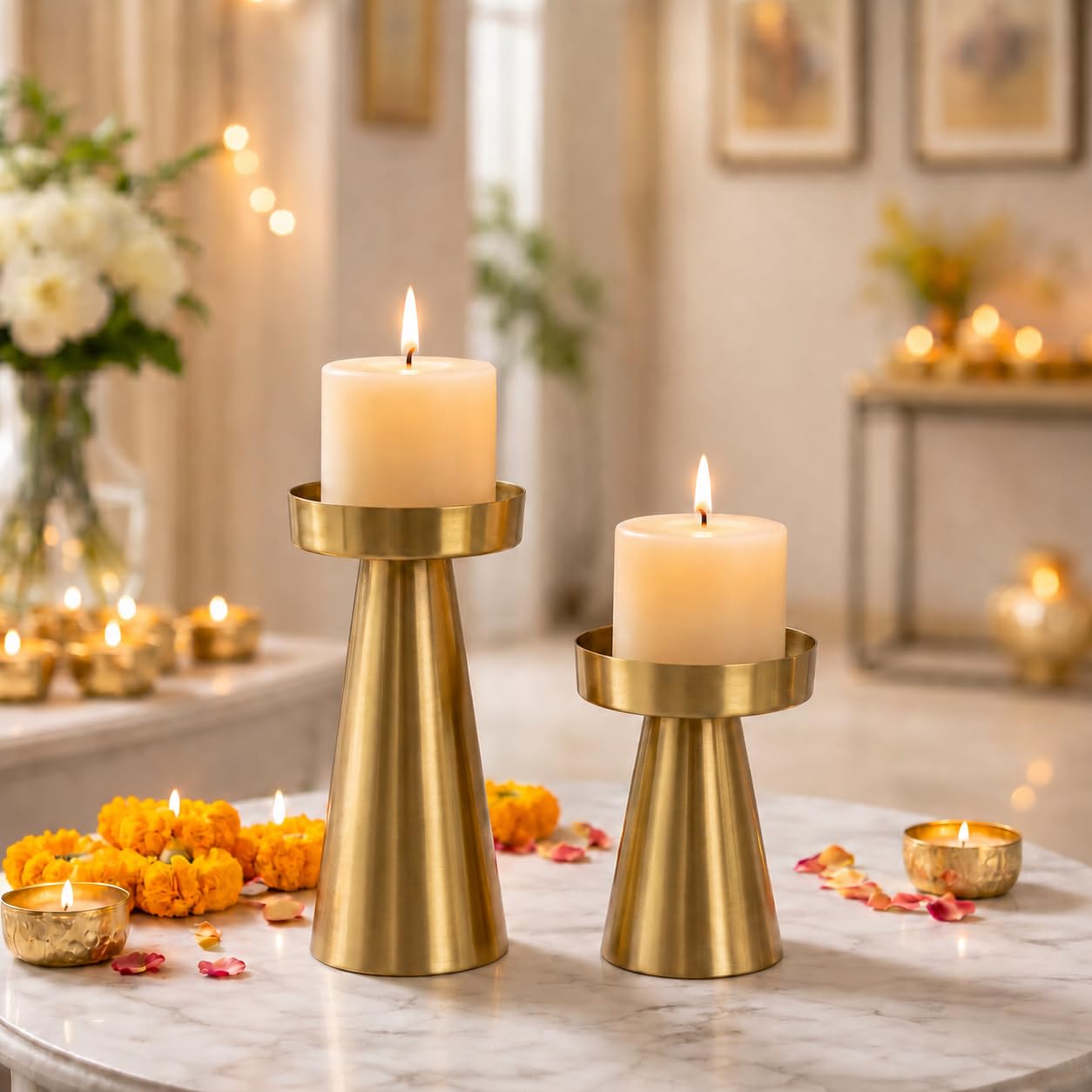Set of 2 Gold Metal Candle Holders for Home Decor | Decorative Candle Stand for Living Room, Dining Table, Diwali Decoration, Wedding & Festive Decor, ASIAN ART STORE-image-8