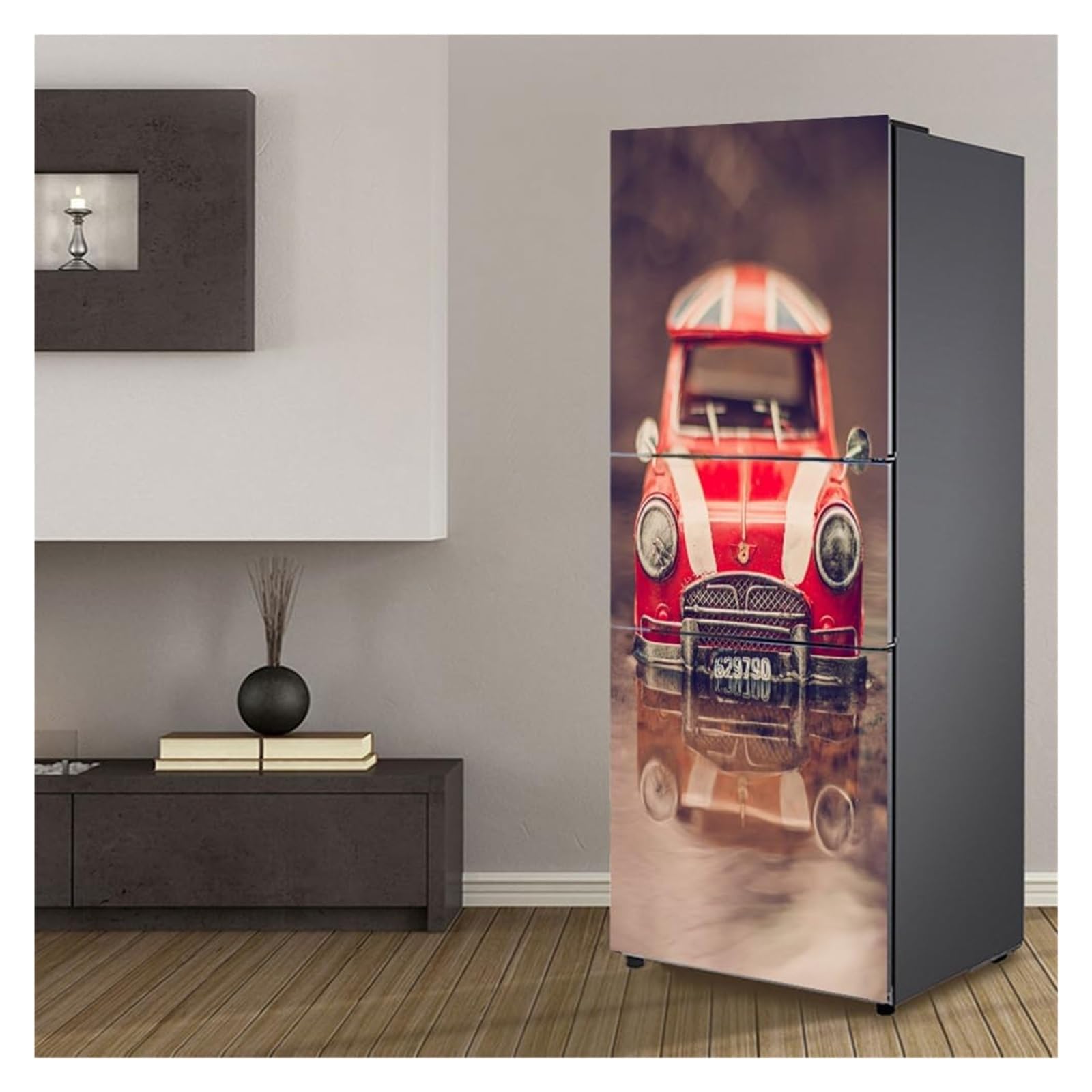 Self-Adhesive Fridge Stickers, Freezer Skins Wall Stickers for Kitchen Decal, Red Iron Retro car Vintage(S: 60x150 cm)