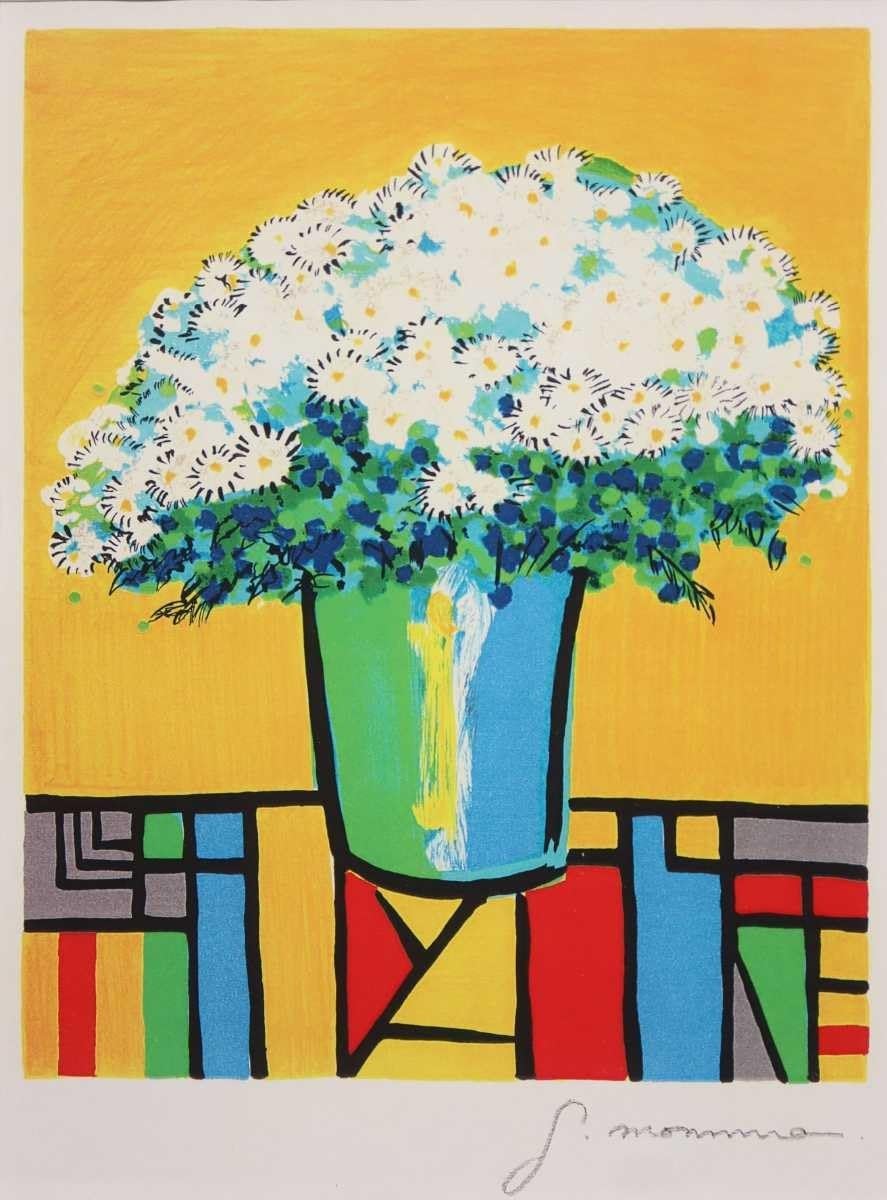 Amazon.co.jp: 門間攝子 リトグラフ「黄色の背景の花束」画寸