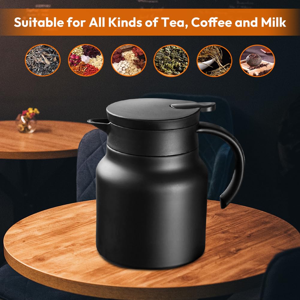 Peelanmall 1 liter thermoskan, kleine thermoskan, dubbele wand, roestvrijstalen vacuümpot met brandbescherming, zwarte theepot voor warme koffie en thee, perfect voor reizen, thuis, kantoor