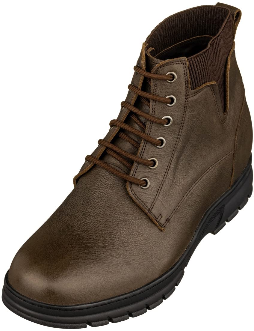 TOTO Men's Invisible Height Increasing Elevator Shoes - Chocolate Brown Pebble Grain Leather Lace-up Work Boots - 2.8 Inches Taller - K84016 - Size