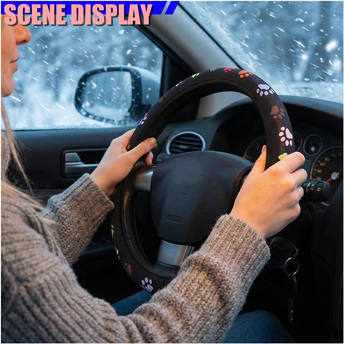 Paw Print Car Steering Wheel Cover, 15 Inch Anti-Slip Breathable Car Steering Wheel Protector for Women, Universal Cute Automotive Interior Accessories for Cars, SUVs, Trucks(Paw) image 4
