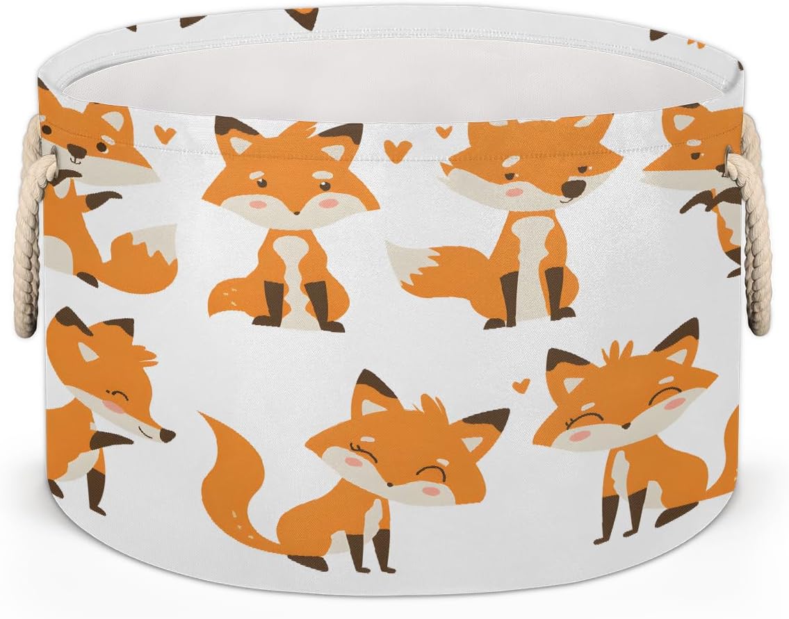 Large Round Laundry Basket Animal Cute Fox Toy Bins Organizers and Storage for Girls Canvas Collapsible Blanket Storage Basket Laundry Hamper Gift Baskets Bedroom Clothes Children Nursery