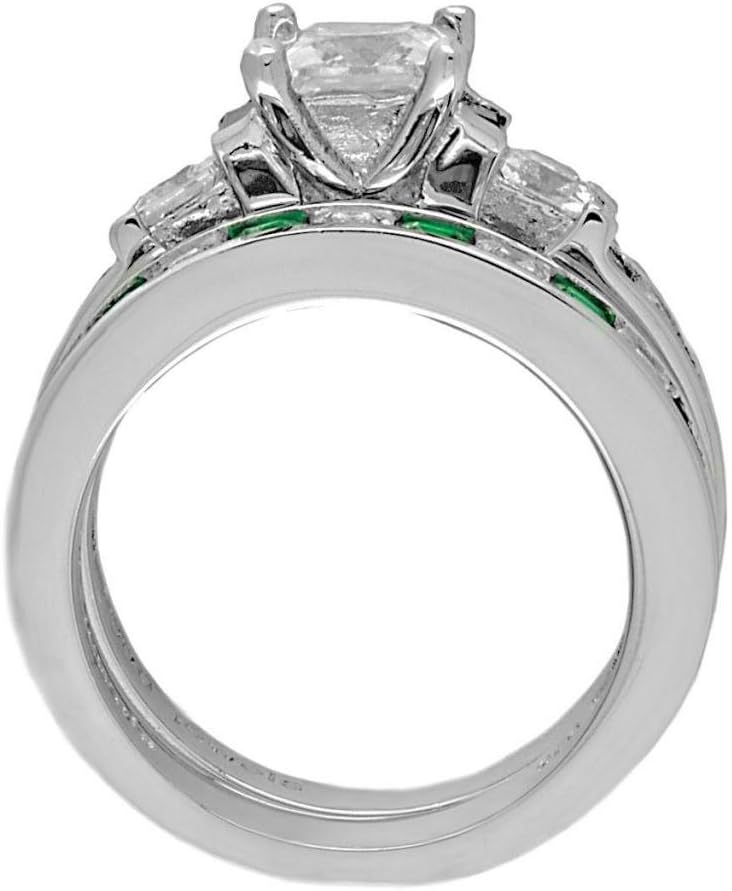 Olympia: 4.35ct Simulated Emerald n Russian IOF CZ 2pc Bridal Wedding Ring Set Silver, 3023