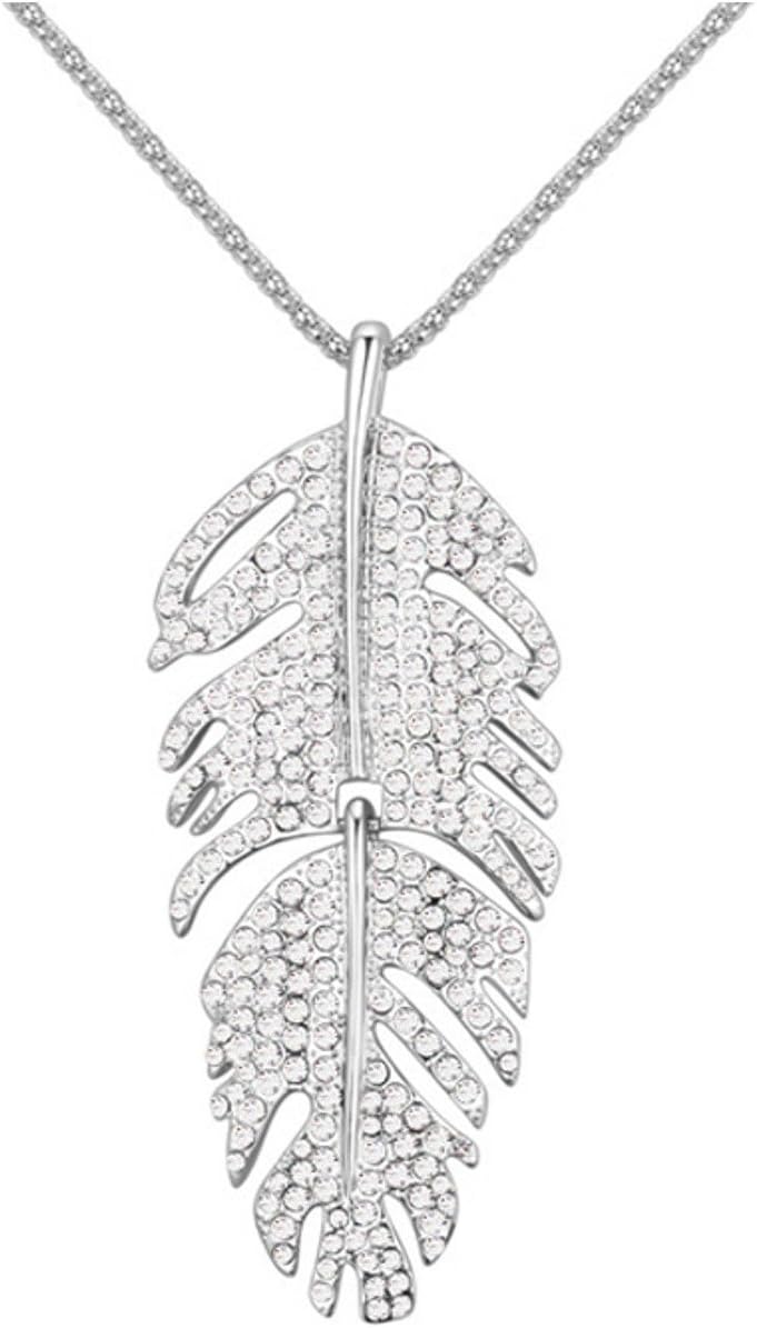 Quadiva Necklace 'Feather', adorned with sparkling crystals, Colour: 18 k white gold, white