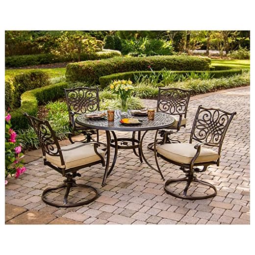Hanover Traditions 5-Piece Cast Aluminum Outdoor Patio Dining Set, 4 Swivel Rocker Chairs and 48" Round Table, Brushed Bronze Finish with Tan Cushions, Rust-Resistant, TRADITIONS5PCSW
