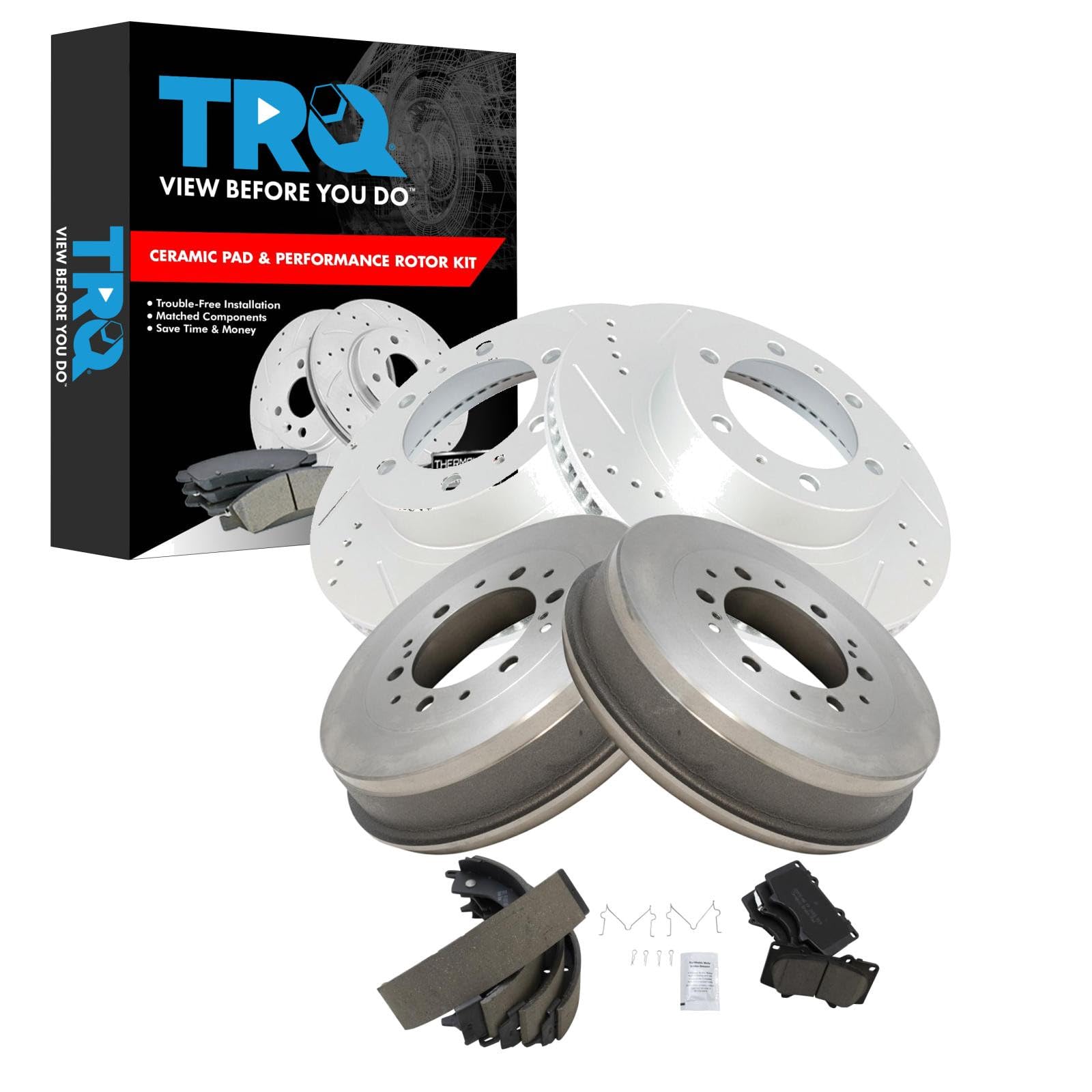 TRQ Front & Rear Brake Pad & Rotor Kit Premium G-Coated Slotted X Drilled Ceramic Performance Compatible with 2005-2021 Toyota Tacoma