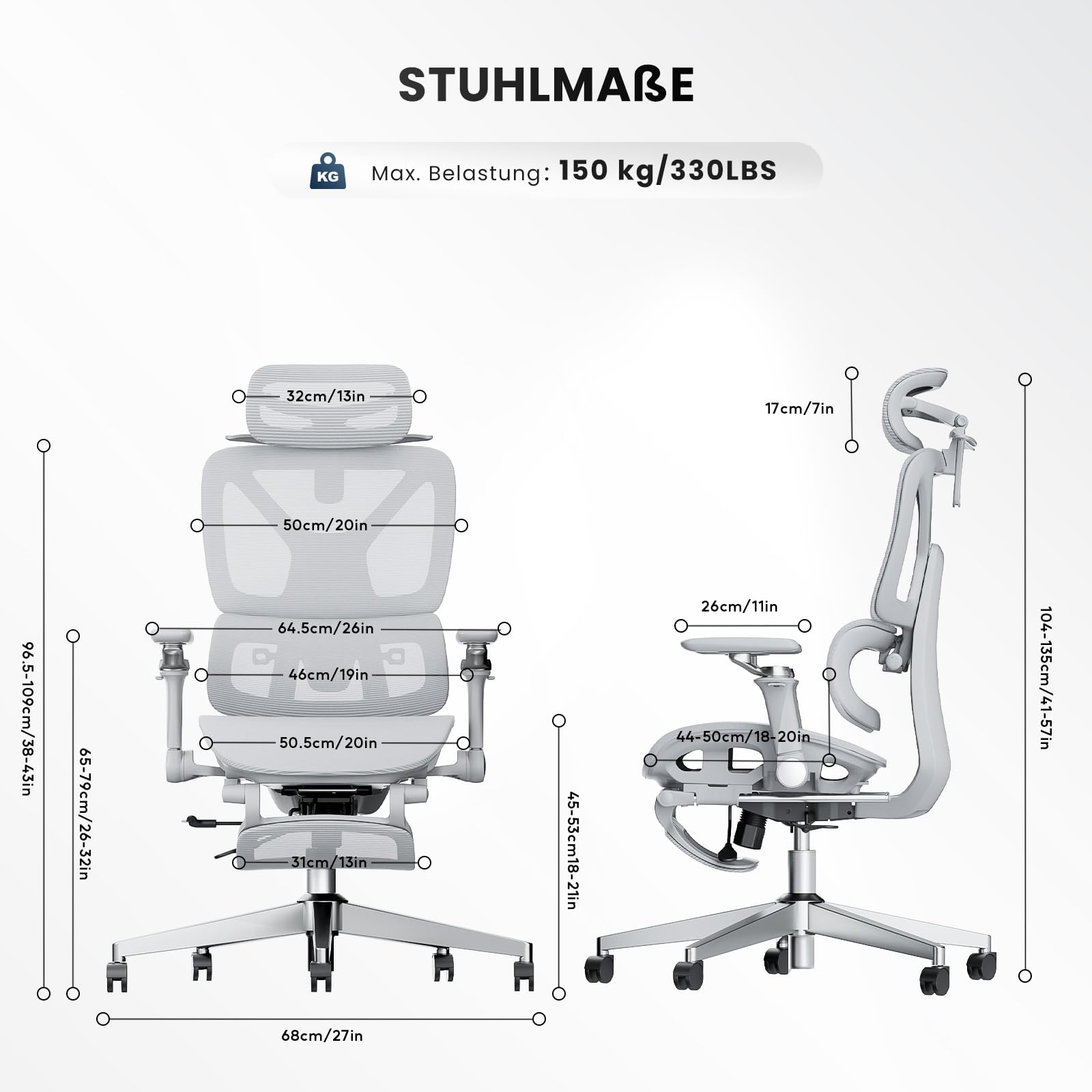 Ergonomischer Bürostuhl mit 6D Armlehnen Lordosenstütze für Homeoffice Grau
