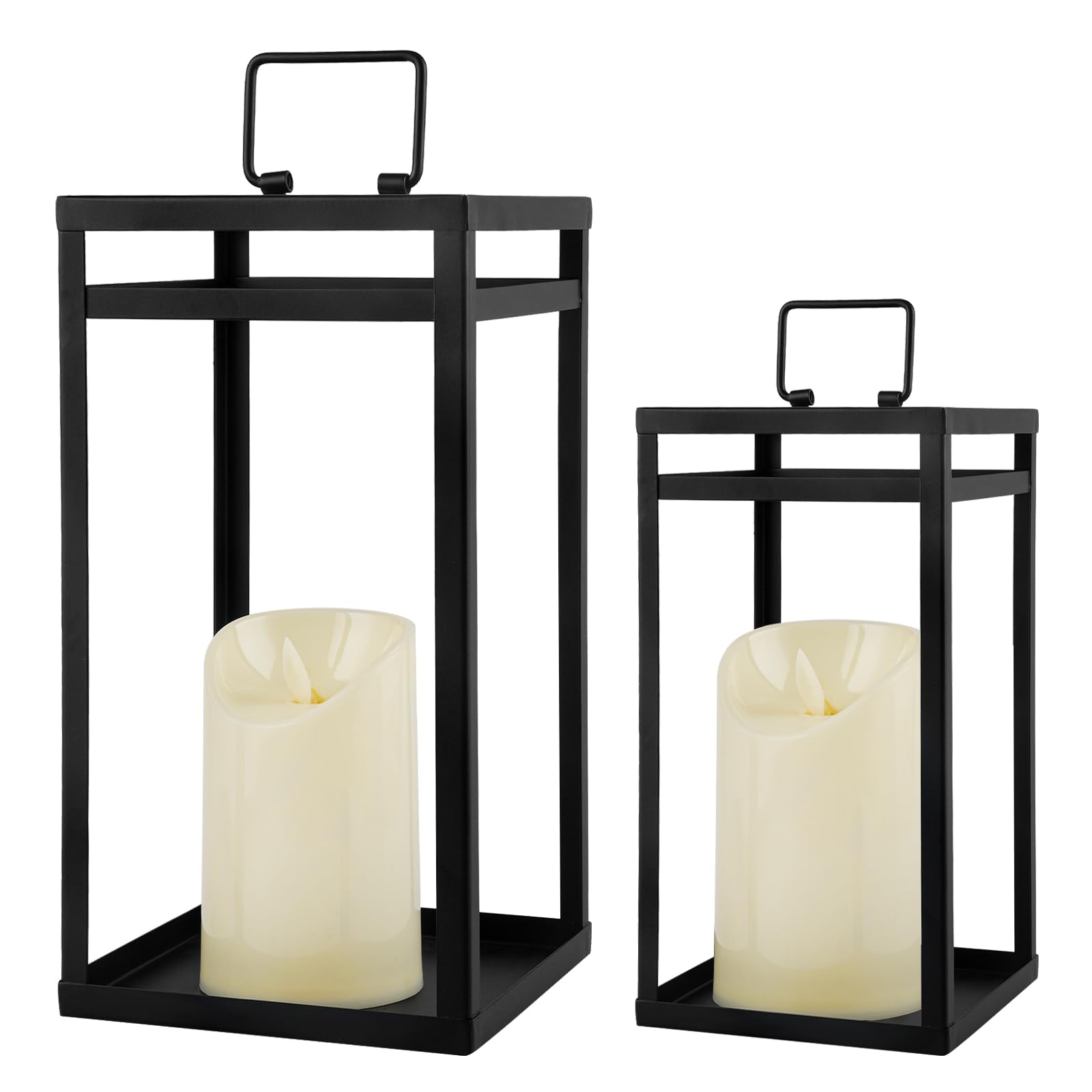Modern Farmhouse Lantern Decor, 2Pcs Metal Candle Lanterns with Flameless Candles Black Decorative Lantern for Front Porch Covered Patio Dining Table Entryway Table Wedding Home Decor