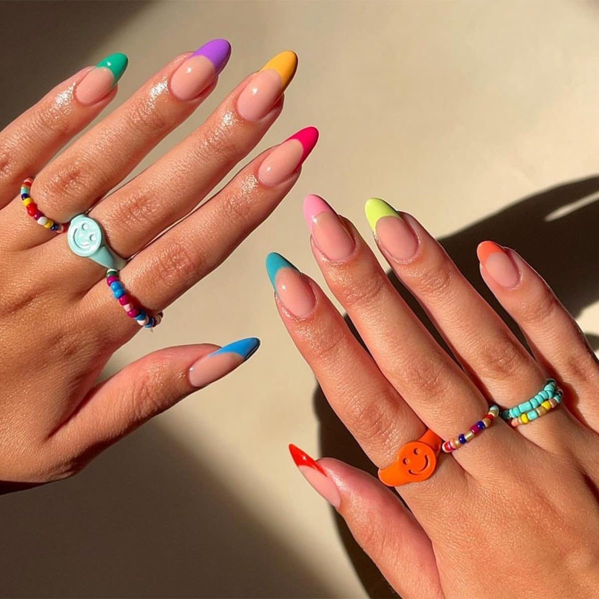 Press On Nails - Colorful French Tip False Nails - Short Medium Almond False Nails With Glue - Reusable Semi-Transparent Oval Neon Rainbow Fake Nails - Full Cover Stick On nails For Women DIY Nail Art