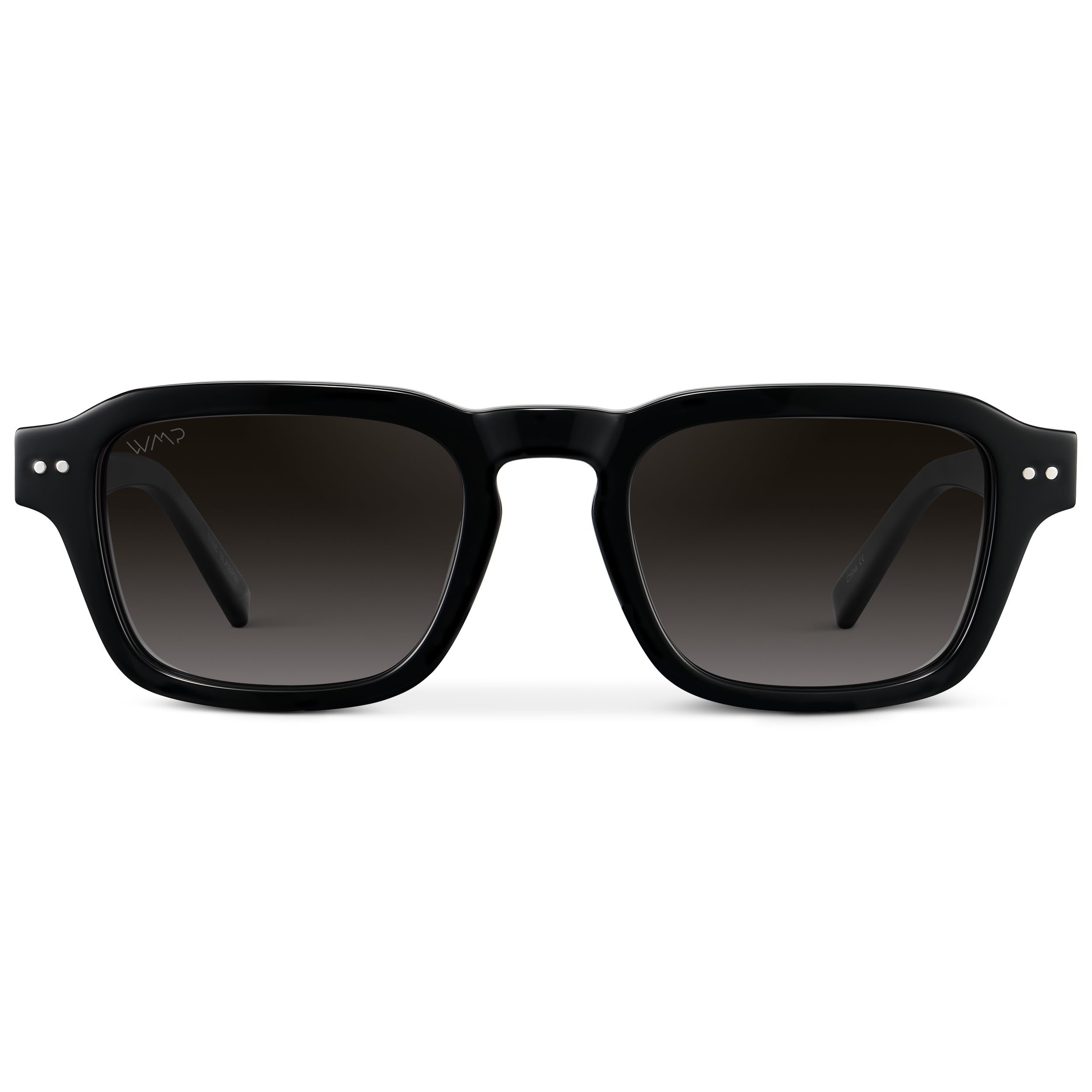 WMP Eyewear - Men's Polarized Sunglasses: Narrow Geometric Frame, Rectangular Lenses, Round Rivets, Injected Metal Core (Black/Oak Brown Gradient Lens)