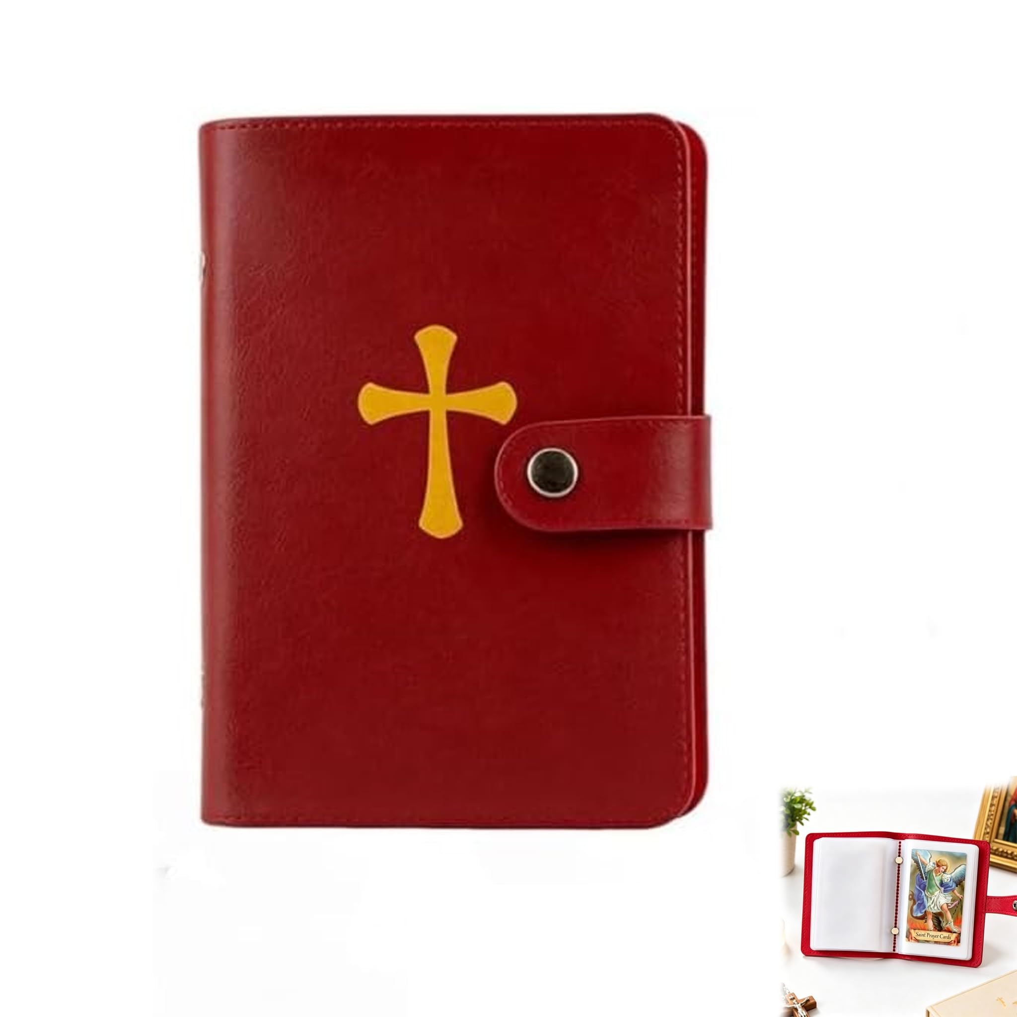 Catholic Faux Leather Holy Card Holder, Pocket Prayer Card Organizer with Snap Closure, Portable Travel Wallet for Religious, Holds Up to 40 Standard Cards, Christian Gift for Memorial (Red)