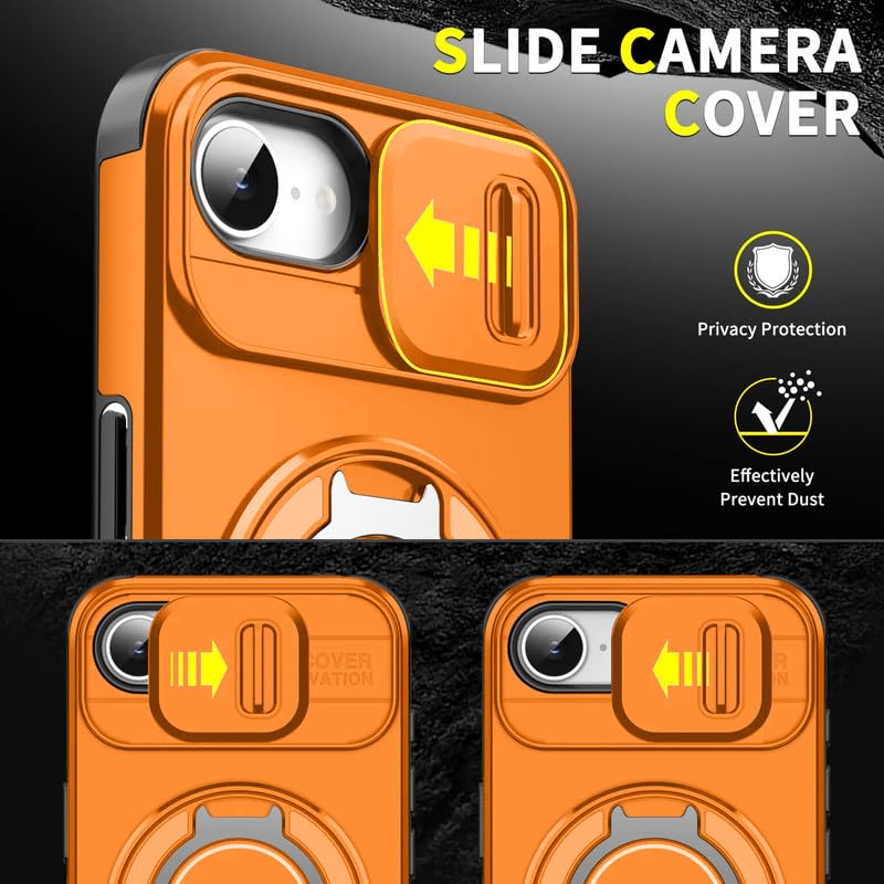 Image of LuxuryKase Shockproof Rugged Case for iPhone 16e | iPhone 17e | Slide Camera Cover | 360 Rotating Ring Kickstand | Military-Grade Protection - Sunset Orange