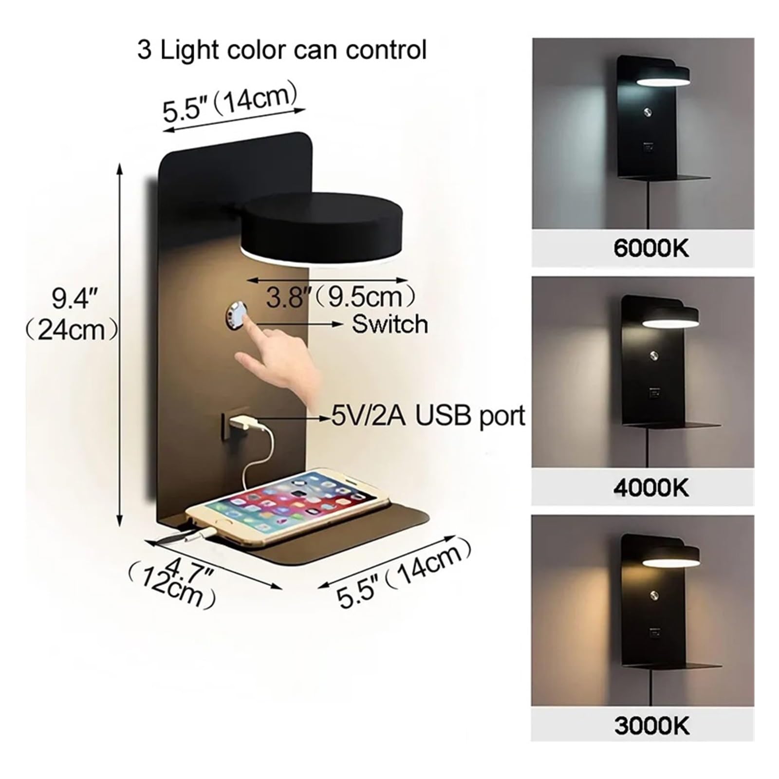 Lampa Ścienna LED Do Wnętrz, Ładowanie Telefonu Komórkowego Przez USB, Lampy Ścienne Z Przełącznikiem, Sypialnia, Lampki Nocne Czytania, Dekoracja Salonu CiepłA I Komfortowa Atmosfera(Black)