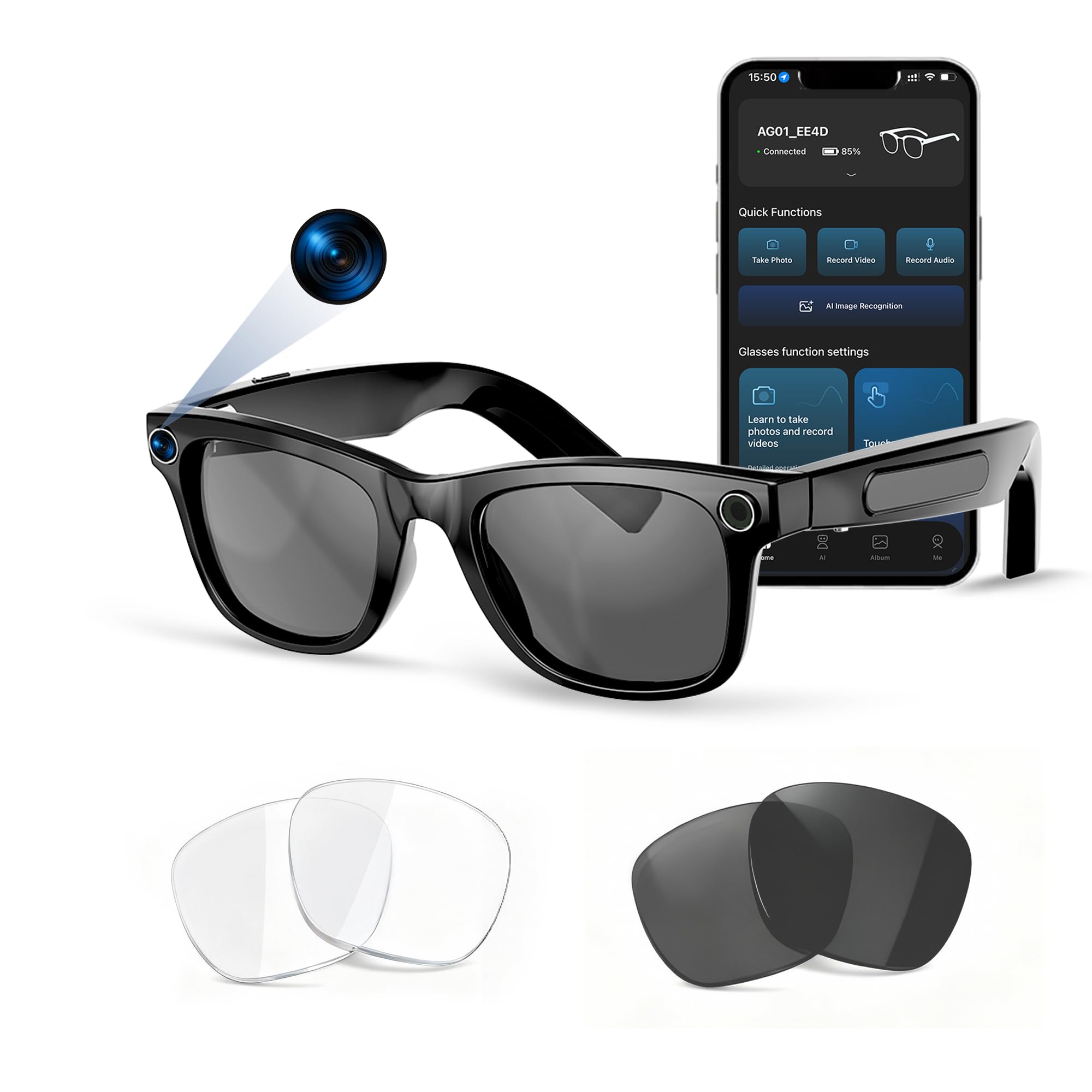 AI Smart Glasses with Voice Assistant 8MP HD Camera Glasses 1080P Video Recording Sunglasses Dual Core Chip Noise