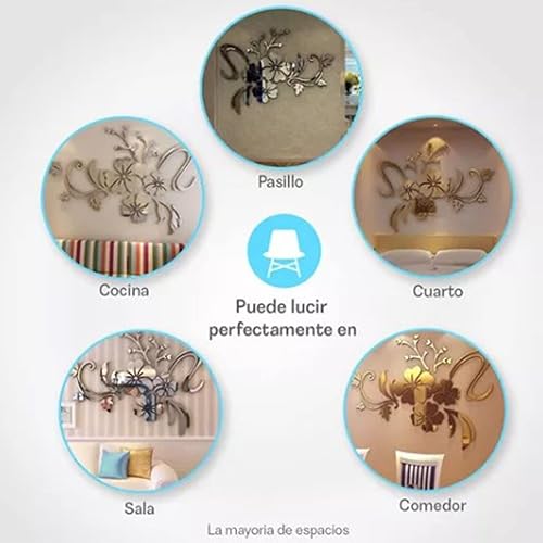 Miniatura 7 de Adhesivo acrílico para pared, espejo autoadhesivo 3D, decoración de flores plateadas, decoración de bricolaje para sala de estar, dormitorio