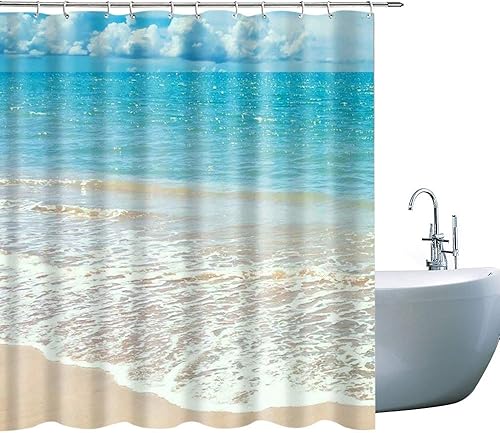 Cortina de ducha con diseño de mar azul, juego de decoración de baño de tela con ganchos, 71 x 71 pulgadas, azul y blanco