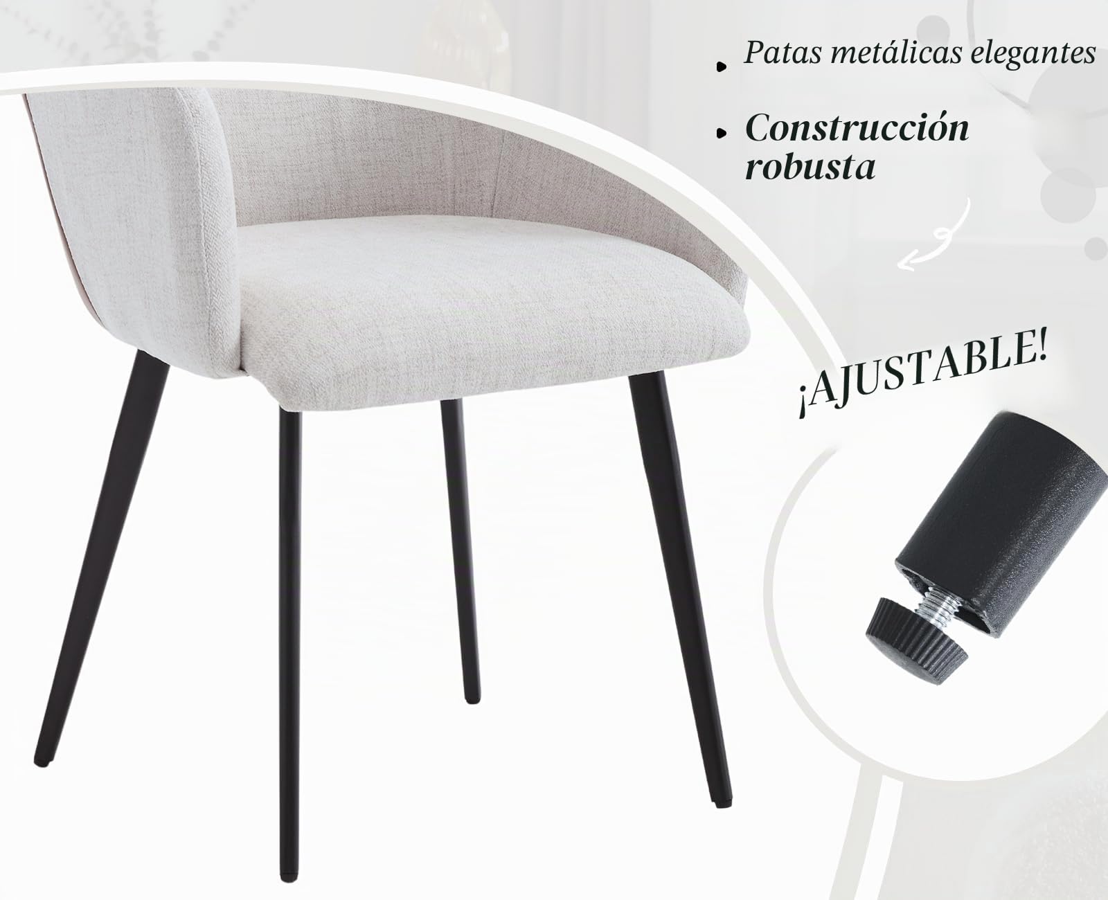 chairus Juego de 2 Sillas de Comedor Cuero PU y Lino Silla para Cocina con Brazos, Sillas Modernas con Patas de Metal para Salón/Restaurante, Beige