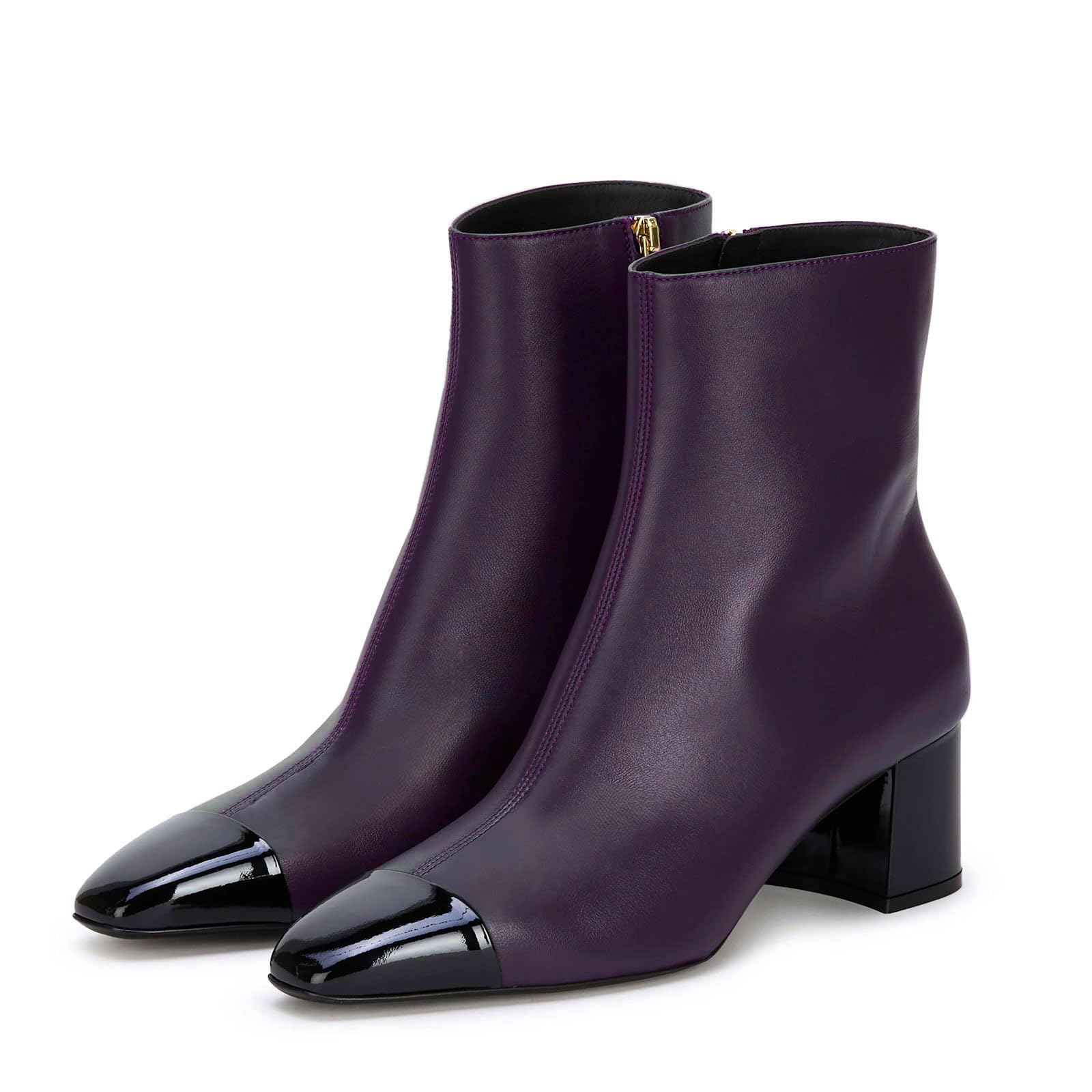 Womens Fashion Cap Toe Block Heel Ankle Boots Chic Two Toned Splicing Square Toe Side Zipper High Chunky