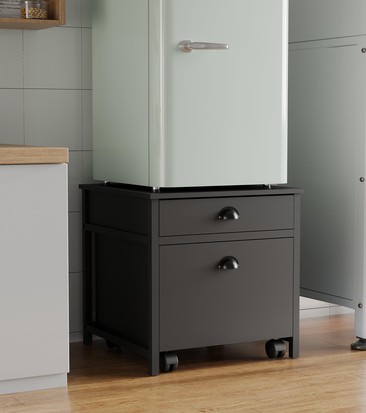 Mini mesa de refrigerador con cajones y gabinete movible, mini soporte para nevera con almacenamiento, mesa resistente de 220 libras de capacidad para dormitorio, apartamento, oficina,