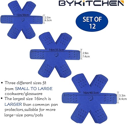 Miniatura 2 de BYKITCHEN Protectores de sartén para apilar, protector de sartén con estrellas y lunas, juego de 12 y 3 tamaños diferentes, protectores de sartén