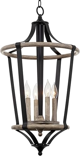 Kira Home Huxley - Lámpara colgante moderna de 28 pulgadas, 4 luces, diseño abierto, estilo madera de roble gris + acabado negro