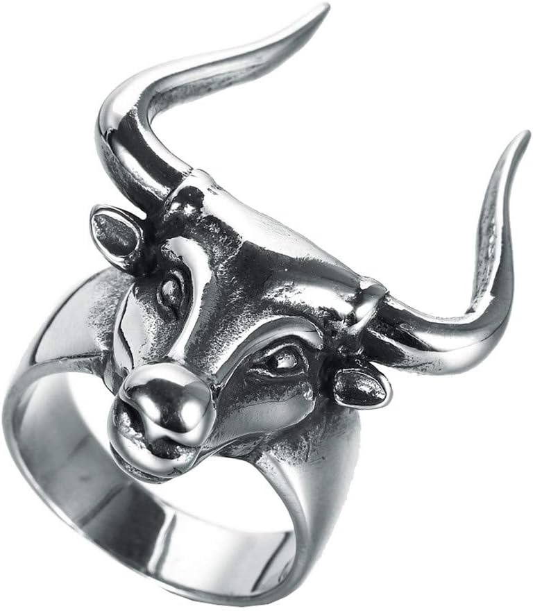 PAMTIER Men's Stainless Steel Vintage Silver Bullfighter Bull Head Ring