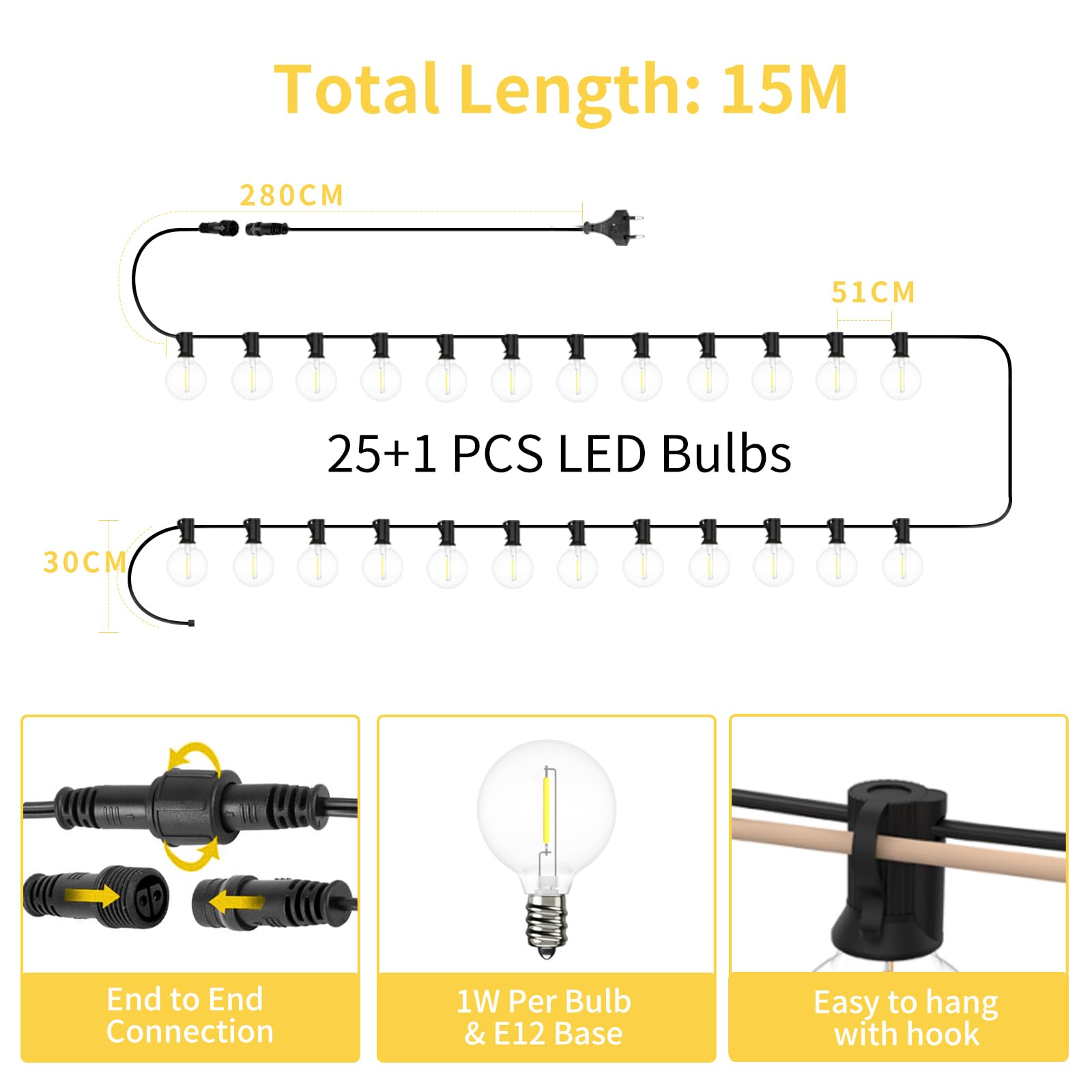 Yuusei 15M Catene Luminose Esterno con Telecomando, 25+1 Plastica Impermeabile Lampadine with IP45, Warmweiß 2500K Esterni Catene Luminose per Terrazzo Festa Natale Matrimonio