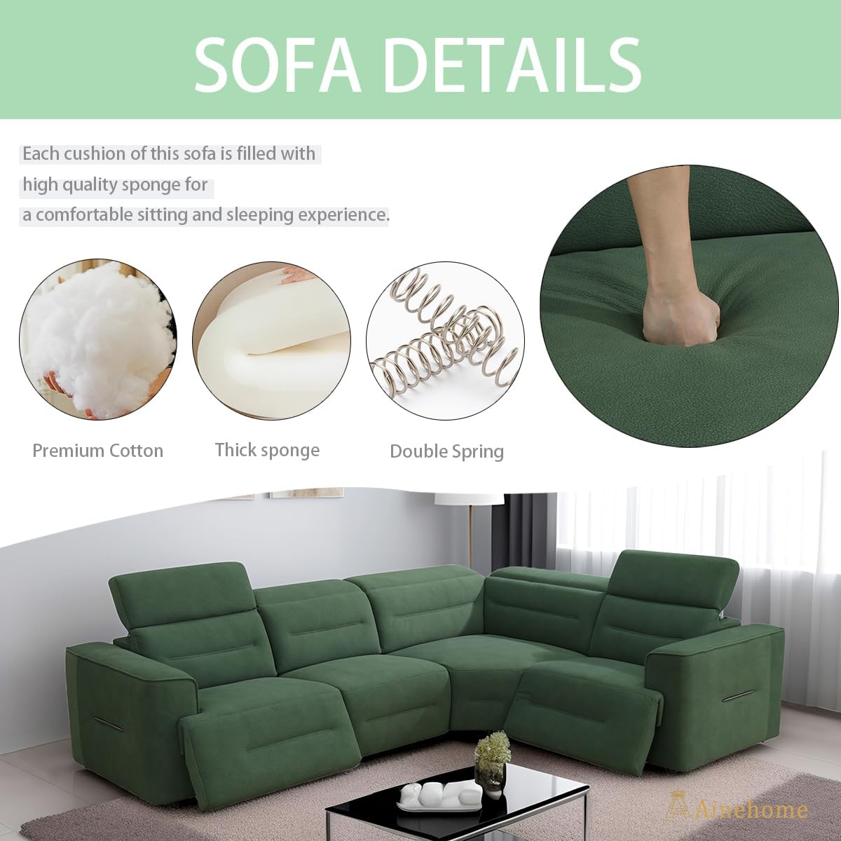 A Ainehome Power Recliner Sectional Sofa with USB Ports, Flannel Recliner Sofa Set with Adjustable Headrest, Reclining Sectional Couch, L-Shaped Living Room Furniture Set(4 Seater)