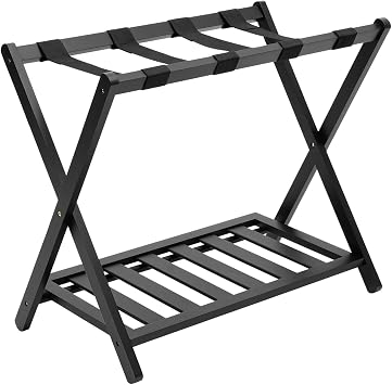 Luggage Rack, Bamboo Suitcase Stand with Shoe Shelf, 26.8 x 15.7 x 22.8 Inches Folding Luggage Stand Holder, Wooden Assembled Storage Shelf with Nylon Straps for Home Bedroom Living Room Closet Hotel