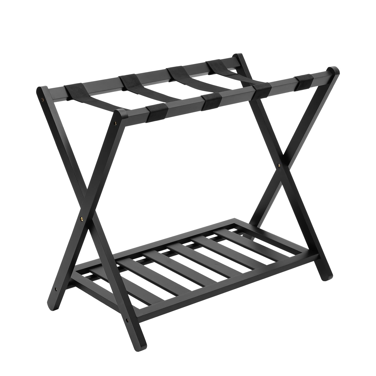 Fioiuetx 2-Layer Bamboo Luggage Rack, Heavy Duty Folding Luggage Stand for Suitcases with 220lbs Capacity, Portable Thickened Luggage Racks for Bedroom, Guest Room, & Travel, Black