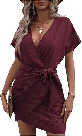 Floerns Womens Fall Fashion Cocktail Wrap Deep V Neck Dress Tie Side Dolman Sleeve Summer Short Dresses