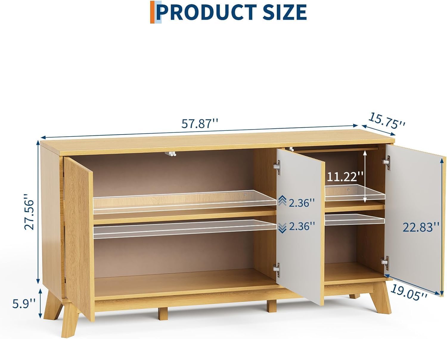 58" Modern Farmhouse Sideboard Buffet Cabinet with Curved Fluted Doors, 4 Doors & Adjustable Shelves, Wood Storage Buffet Console Table for Dining Room, Kitchen, Living Room, Coffee Bar - Image 2