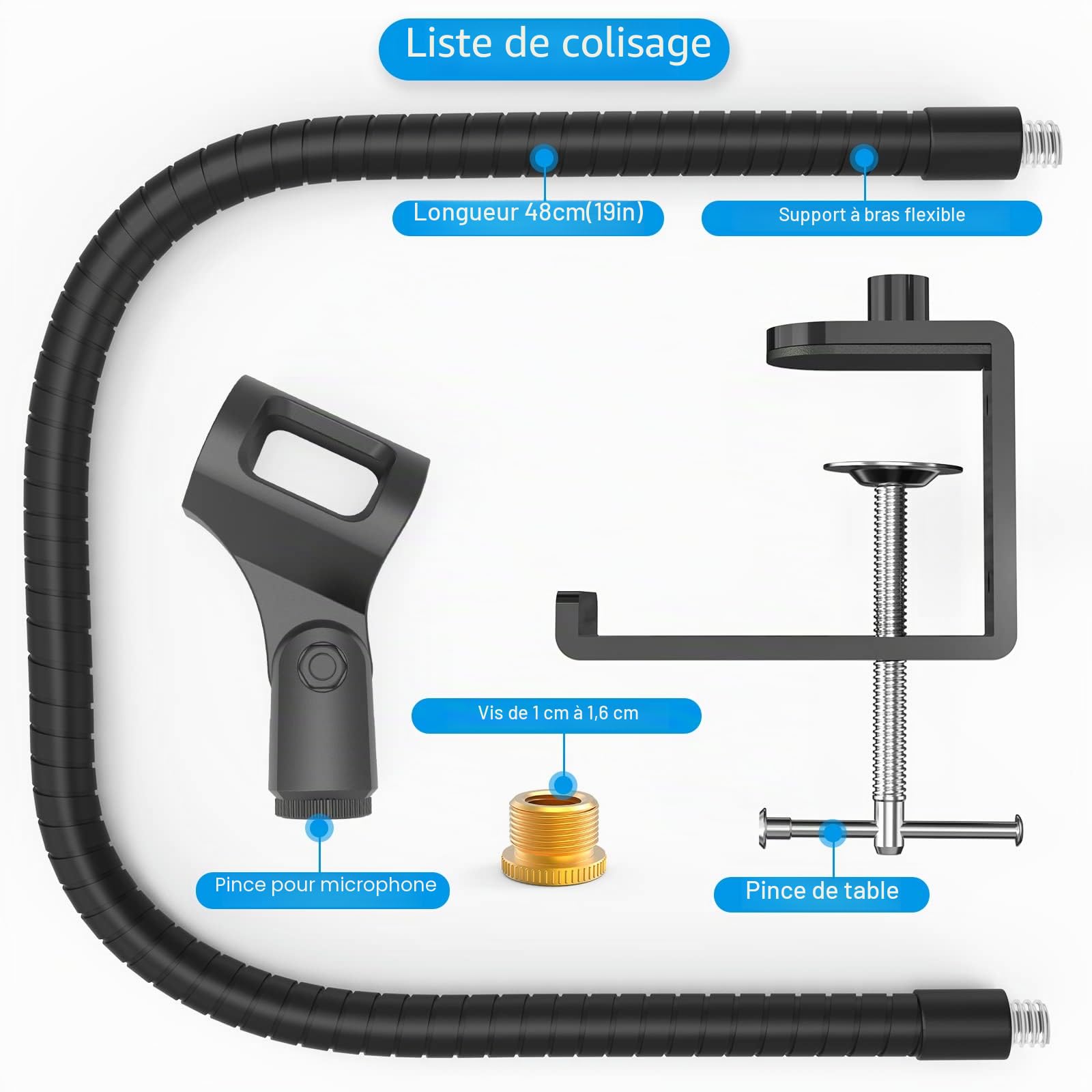 ZealSound Bras Micro Compact 19 inch, Peu Encombrant et Flexible Rigide – Pied Micro Col de Cygne de Bureau, avec Adaptateur 3/8" à 5/8", Support de Microphone pour Blue Snowball Razer Seiren SoloCast