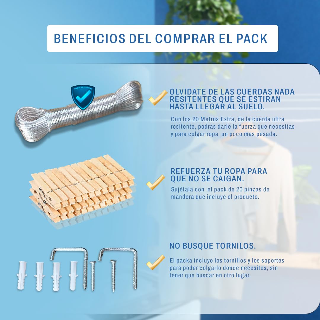 Stendibiancheria estensibile da parete con 4 corde da 3,2 m ciascuna, 24 pinzette e 20 m di corda extra rinforzata in filo di acciaio 3 mm, stendibiancheria retrattile, corda stendibiancheria