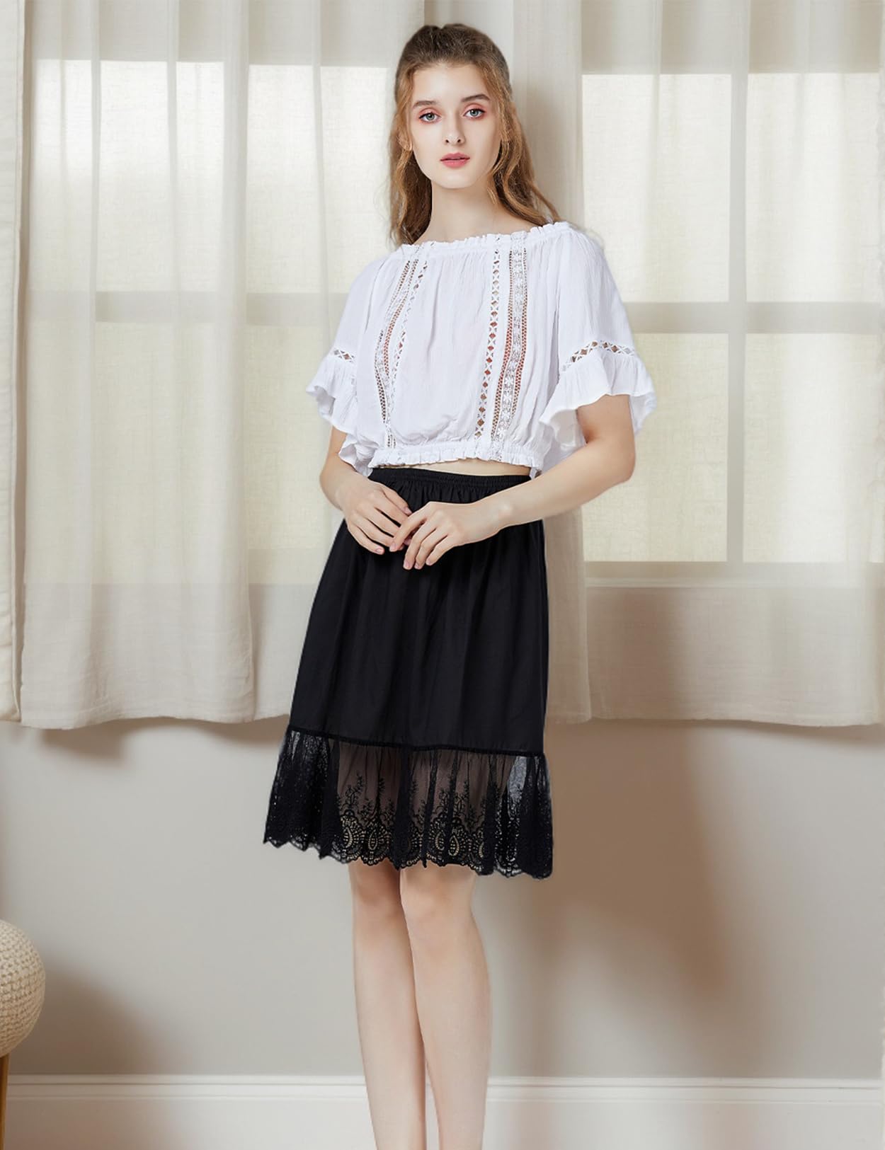 BEAUTELICATE Femme Jupon en Coton avec Dentelle Lingerie sous-Jupe sous-Robe Ivoire Noir Court Mi-Long Petticoat pour Marige Fille