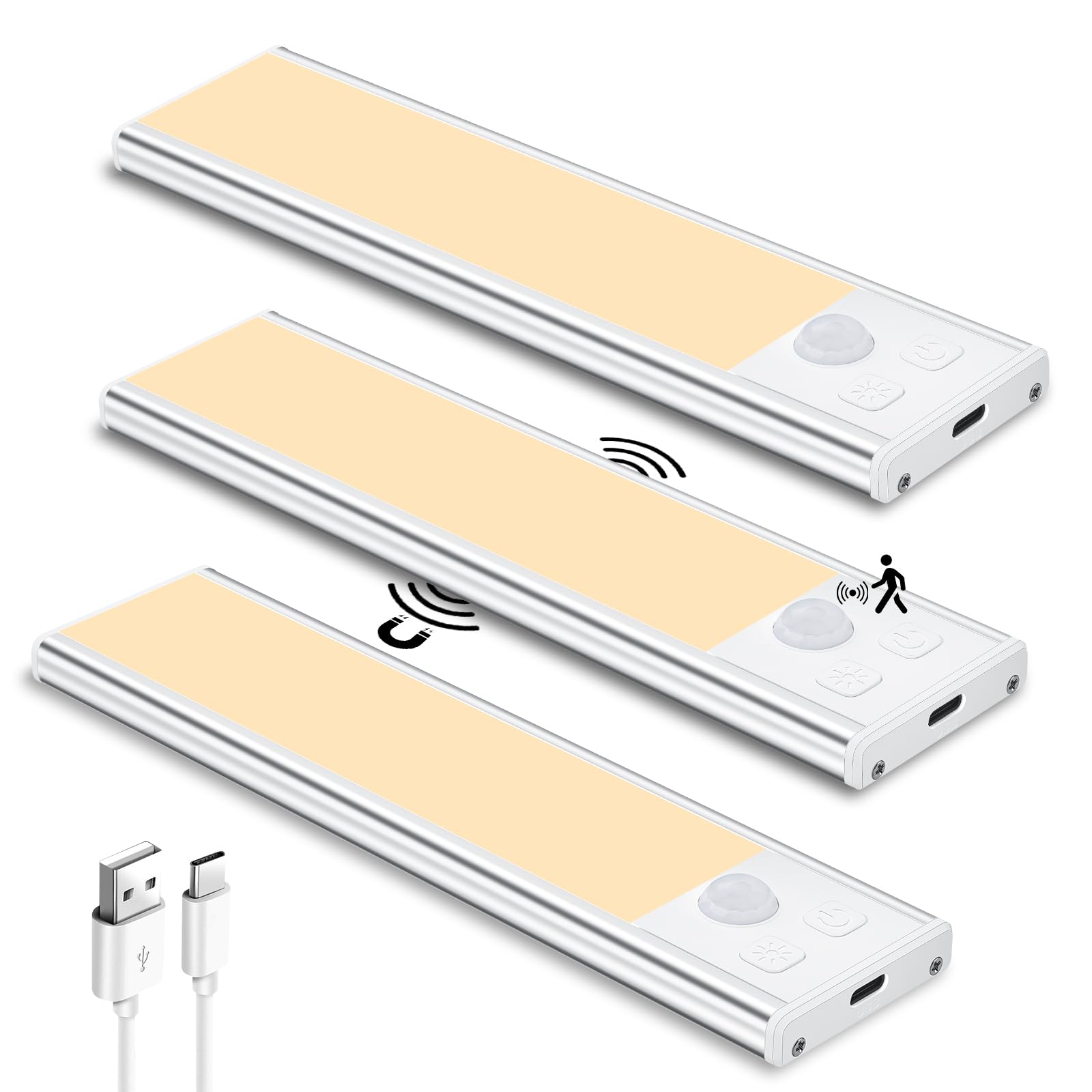 TOPPLEE Led Sottopensile Cucina, 3pcs 15cm Luce Armadio Led con Sensore, 3000K Luce Led Sottopensile, Led Armadio Sensore Movimento per Cucina Armadio Scale Corridoio Garage Letto