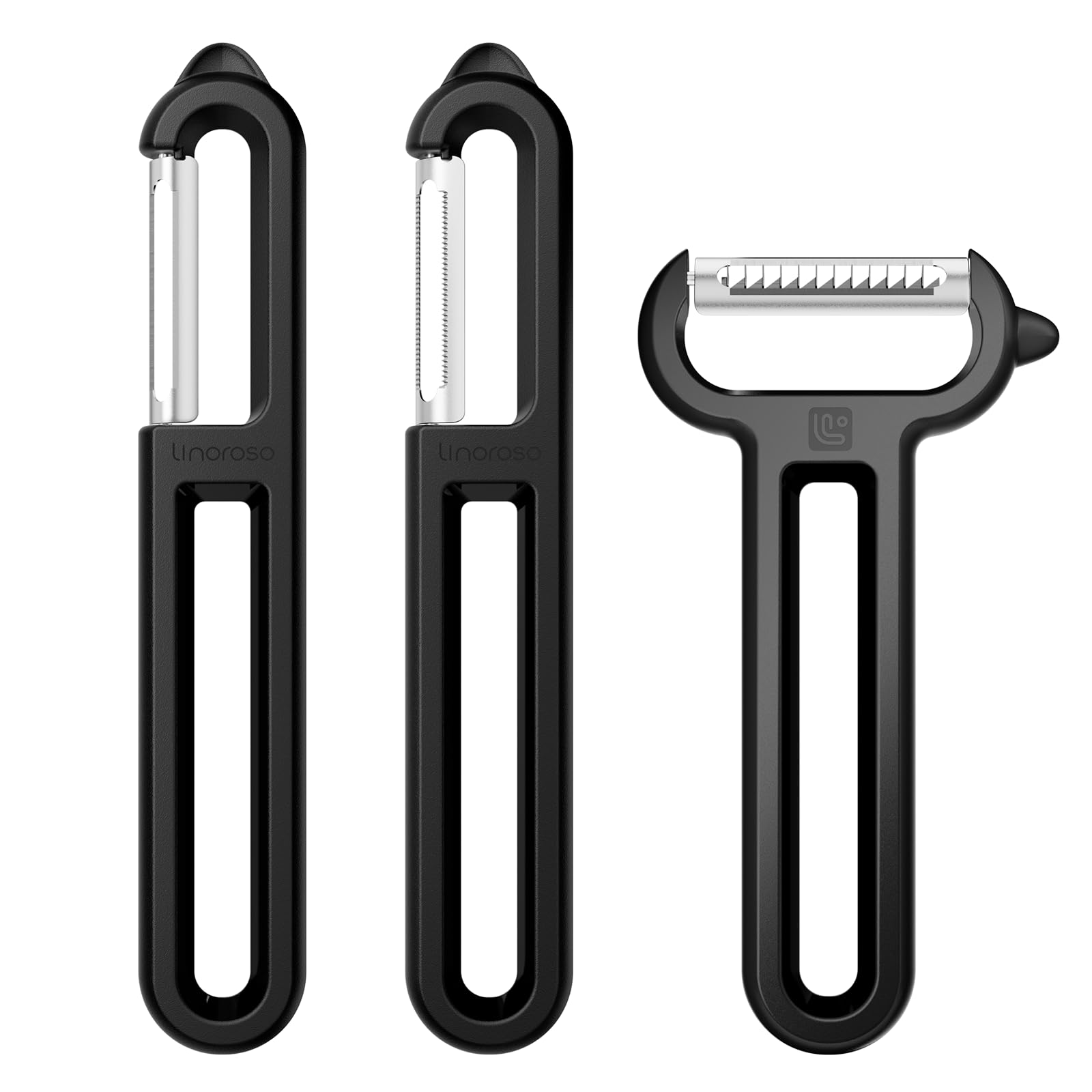 Linoroso 3PCS Pelapatate Professionale a Forma di I-Liscia e I-Seghettata e Y-Striata con Punte Appuntite, Per Pela Patate e Verdura Frutta, Scorrevolezza e Impugnatura Confortevole - Nero