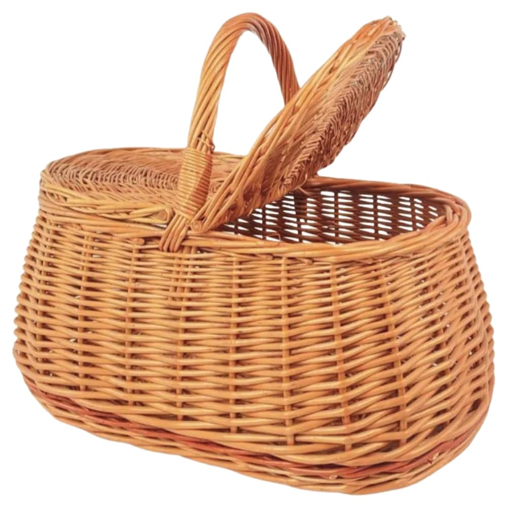 acquaverde | Cesto Portafunghi Premium in Vimini Rosso Intrecciato a mano con Manico, per Raccolta Funghi, Cestino da Pic-Nic, Dotato di doppia chiusura - cm. 30x45x39