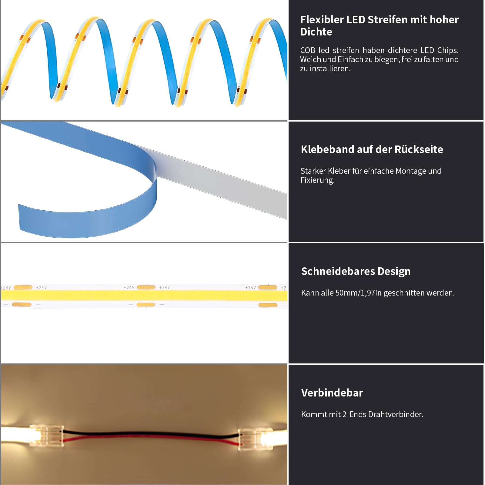 Taśma LED COB 6 m, zimna biel, możliwość ściemniania, 6500 K | Taśma świetlna LED z zasilaczem i pilotem zdalnego sterowania RF do kuchni, sypialni, salonu, szafy, lustra