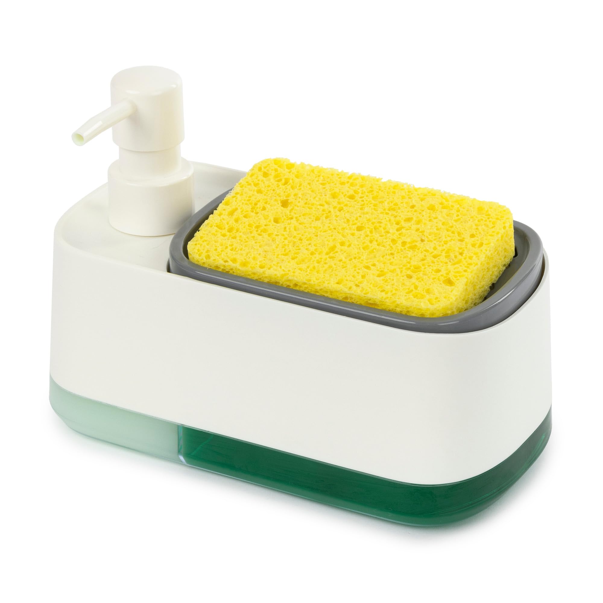 Fineway 2-in-1 Dishwashing Liquid and Soap Dispenser with Sponge Holder -Dual-Compartment Design, Non-Slip Feet, Transparent Base for Liquid Levels, Durable ABS Plastic & 304 Stainless Steel (white)
